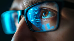 a close-up view of an eye seen through a pair of glasses reflecting blue digital data and graphs, suggesting a theme of technology and analytics 